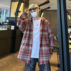 小香风格子毛呢外套男毛边拼接流苏连帽vintage美式工装夹克，男装夹克，星座410-7