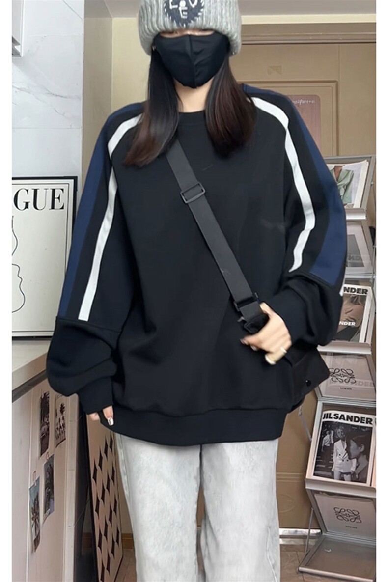 美式拼接撞色圆领卫衣大码宽松加绒加厚上衣W4650JR（加绒）特P46,男装卫衣,电商A007