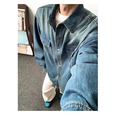 美式复古蓝色牛仔衬衫男女2025春秋冬季新款长袖夹克外套，男装衬衫，星座410-7
