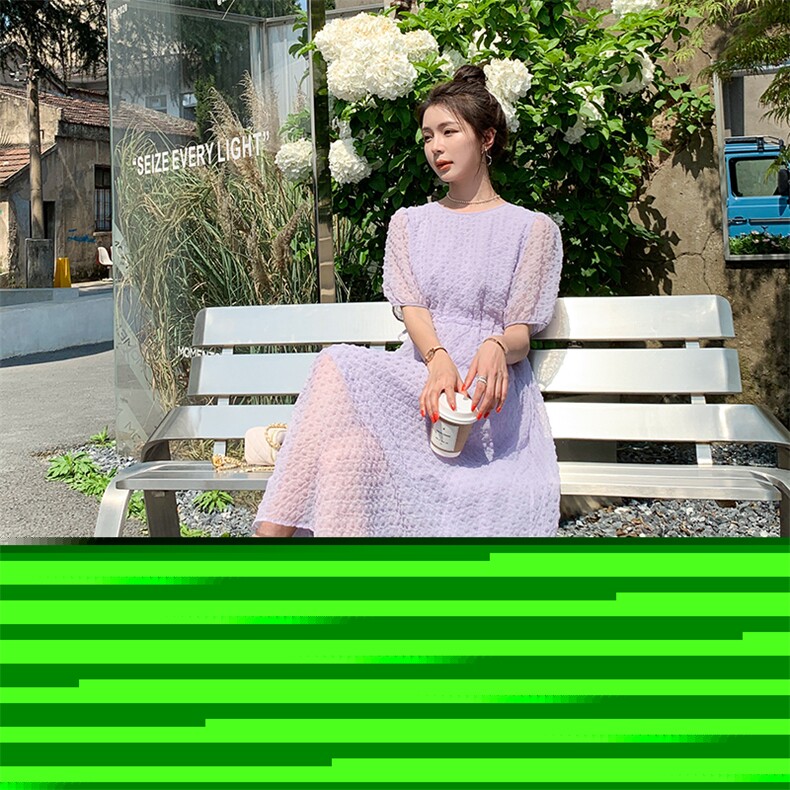 法式浪漫立体花连衣裙女中长款夏2025新款抽绳收腰泡泡纱仙女长裙,女装连衣裙,2C229