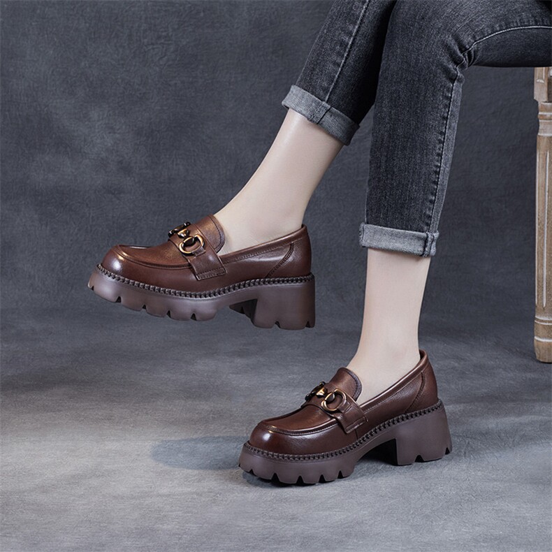 2023年春夏新款真皮乐福鞋女松糕底搭扣jk单鞋粗跟增高厚底小皮鞋，女鞋小皮鞋，电商A223