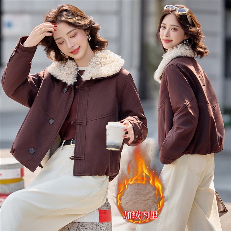时尚羊羔毛领加绒派克服外套女2025冬季新款休闲气质保暖棉服上衣,女装短外套,印象茜