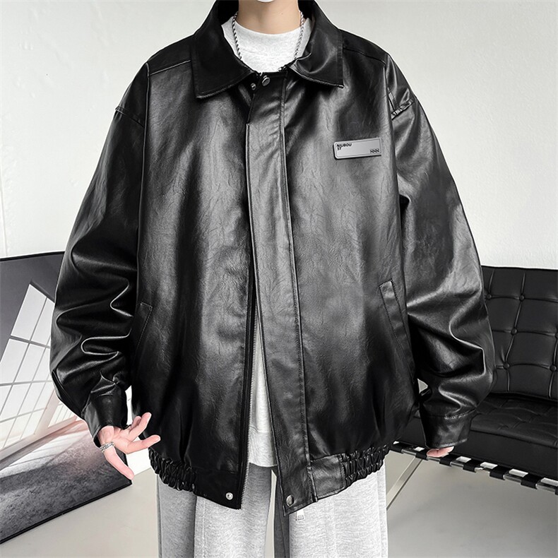 秋季翻领男士皮衣贴标夹克潮外套休闲青年款A266-PY006-特P55，男装皮衣，电商A266