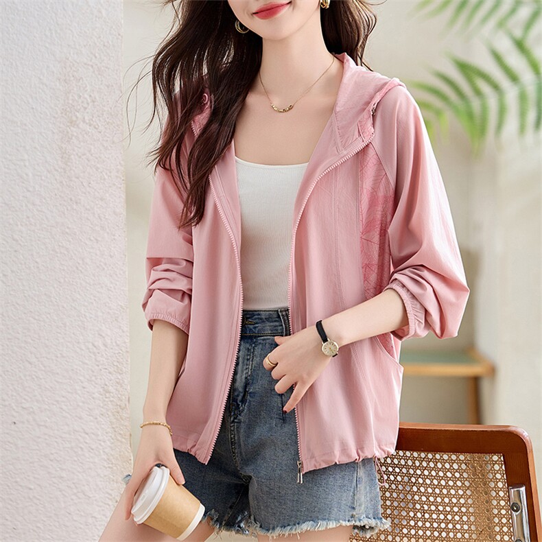 时尚印花拼接短款连帽防晒衣女2025夏新款宽松轻薄透气防晒服外套，女装防晒衣，沐七七