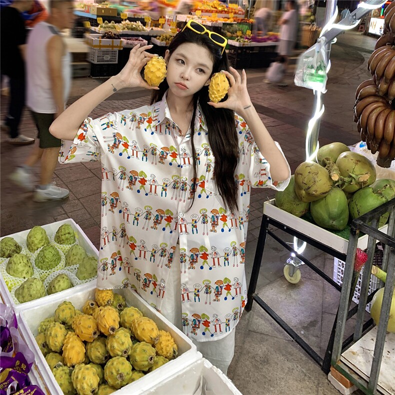 EQ411夏威夷风可爱卡通夏季旅游度假沙滩情侣装衬衫男女短袖潮流,女装衬衫,电商C306-1