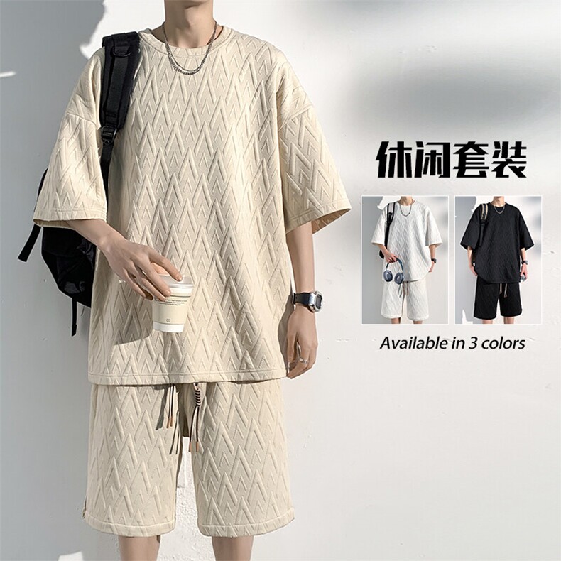 图案已注册特批P50无差价夏季肌理感百搭五分套装男T2002+DK2106，男装休闲套装，电商A001