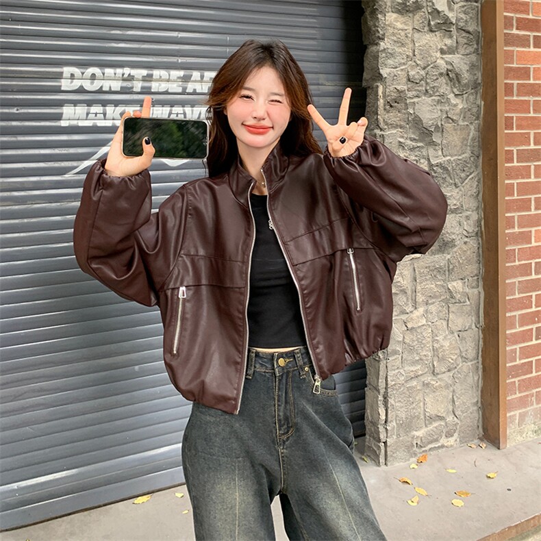 红皮衣外套女秋秋2025新款美式复古又a又飒机车服pu皮夹克,女装皮衣,纯色衣恋