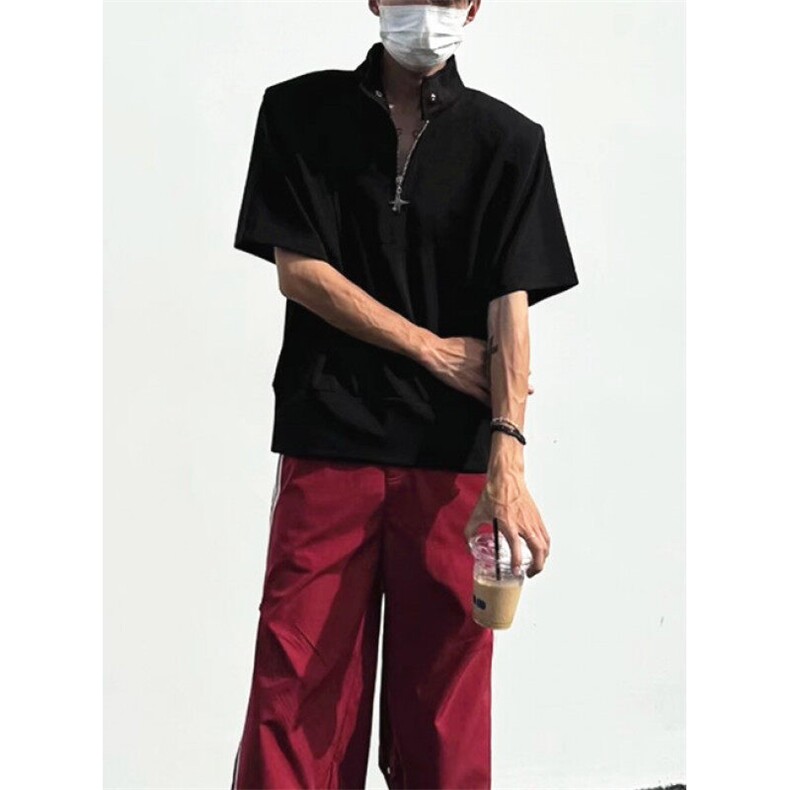 立领金属半拉链Polo衫男小众设计感解构宽松垫肩短袖T恤T126,男装T恤,星座1116A（原606A-3）