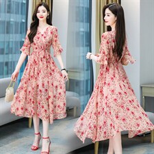 2021新款女气质显瘦法式高腰V领复古仙碎花松紧腰连衣裙送腰带，女装连衣裙，丽美静依