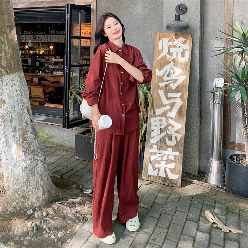 红衬衫套装裤女春秋2025新款韩系减龄穿搭松弛感休闲两件套,女装套装/套裙,2C301
