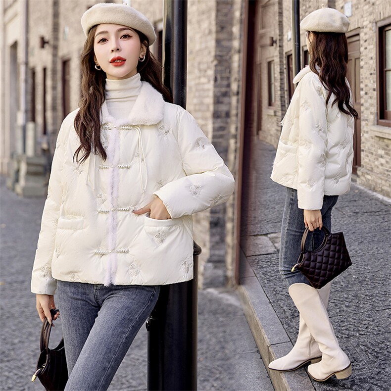 优雅盘扣古风毛领白鸭绒羽绒服显瘦保暖时尚外套，女装羽绒服，艾仟回(原伊仟回)