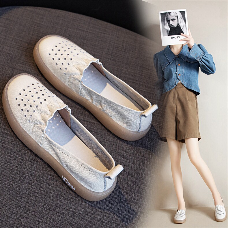 浅口真皮小白鞋女2024新款镂空洞洞鞋光板懒人一脚蹬软皮软底单鞋，女鞋单鞋，电商A223