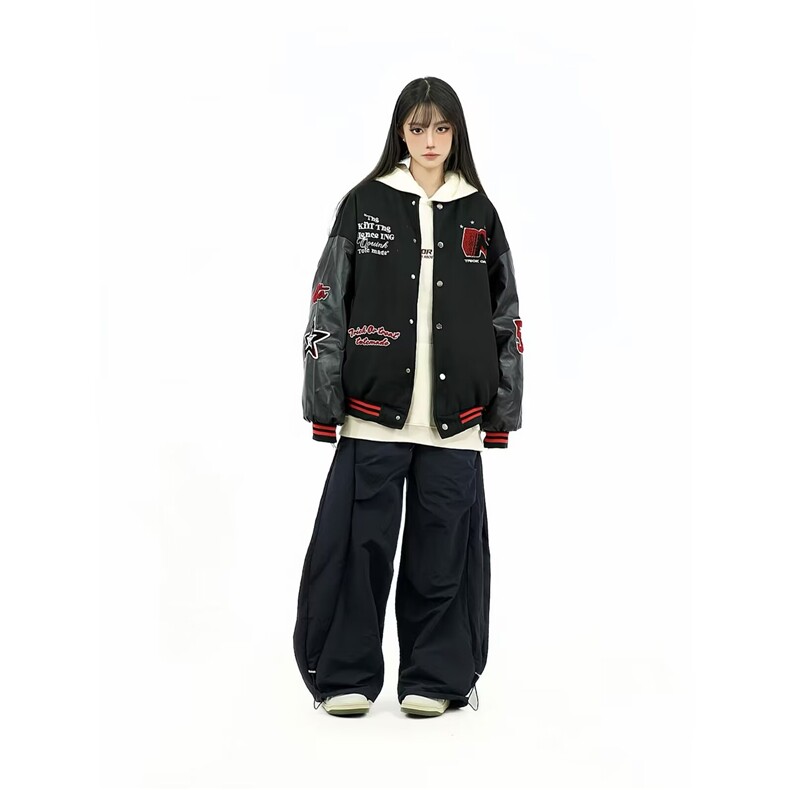 美式复古撞色棒球服外套男女宽松2026春秋情侣潮牌皮袖夹克,男装夹克,星座715-4
