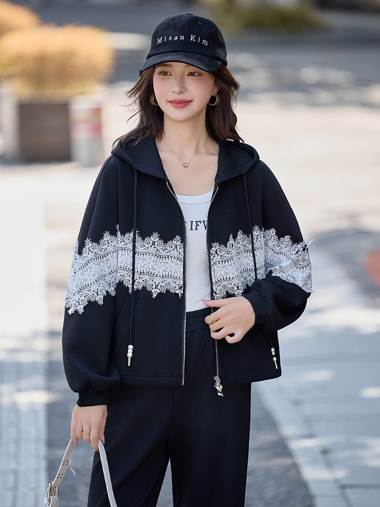 水衣源2788款时尚运动休闲连帽蕾丝拼接针织套装女,女装套装/套裙,水衣源
