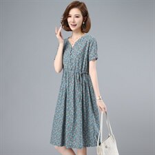 2021夏季新款时尚优雅气质减龄V领抽绳系带收腰碎花连衣裙，女装连衣裙，鑫鑫格