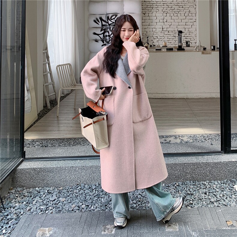 两面穿双色设计感面羊绒大衣女中长款2025新款宽松围巾羊毛呢外套,女装毛呢外套,2C030