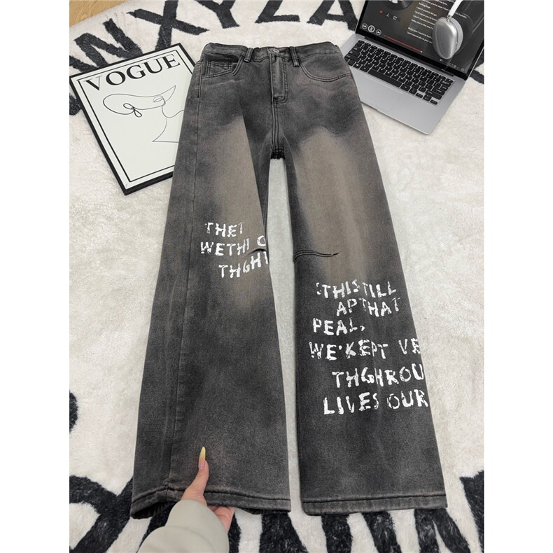 B221美式ins高街暗黑印花字母宽松直筒牛仔裤LK26650-特P46控78,男装牛仔裤,电商B221