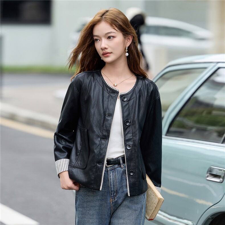 2025秋季女装新款小香风相拼短款皮衣外套,女装皮衣,魅衣本色