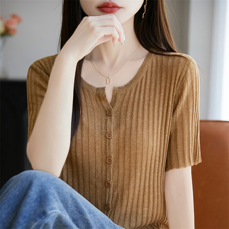 针织开衫女2025新款薄款短袖夏季圆领防晒开衫薄纱夏天空调衫外搭,女装T恤,暖烁特种纱工厂店