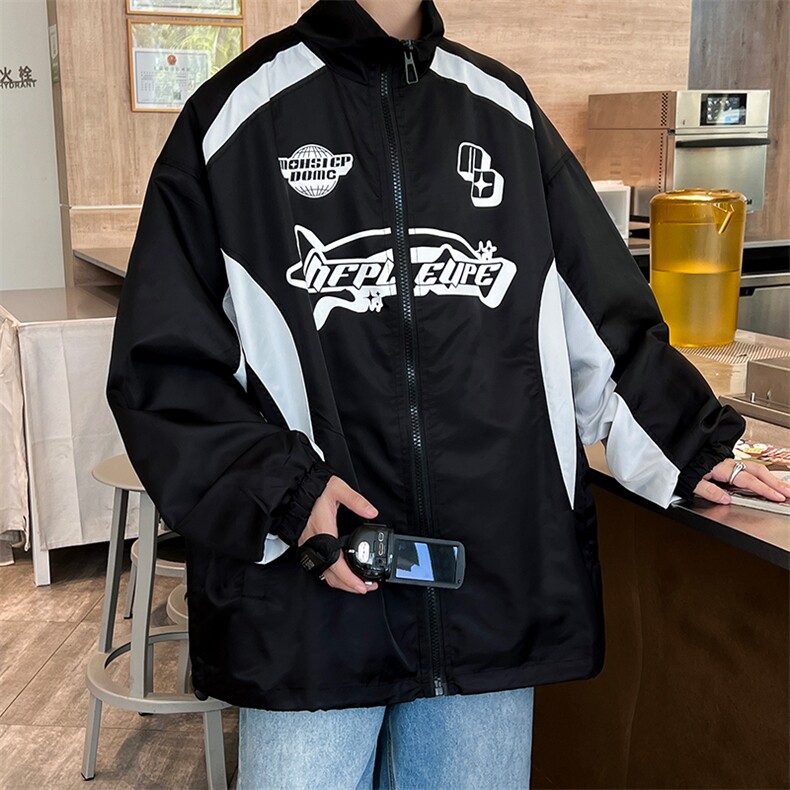 港风秋款男夹克字母印花条纹拼色休闲外套JK51P55,男装夹克,星座1013-1