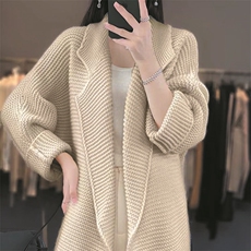 重磅加厚中长款100%羊毛开衫女西装领针织毛衣外套宽松羊绒衫上衣，女装针织衫/毛衣，萱芳婷羊绒