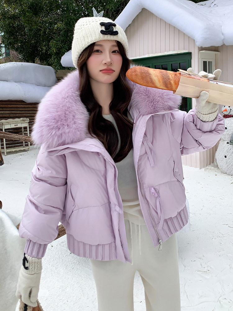 现货现货现货！2025冬装糖果色加厚白鸭绒短款羽绒服超大狐狸毛领,女装羽绒服,时尚风爆