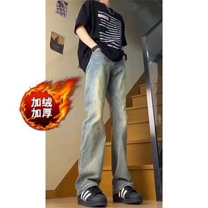 复古蓝弯刀牛仔裤男款夏季美式hiphop裤子高街微喇直筒裤水洗加绒图片