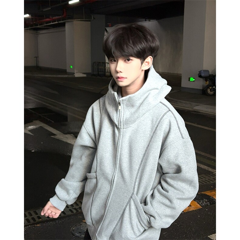 抖音得物高品质秋冬美式高街重磅结构辑明线纹理连帽卫衣外套W111，女装短外套，电商A486-1