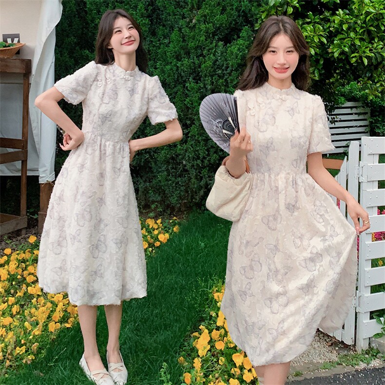 新中式改良旗袍连衣裙女夏2024新款轻国风复古蝴蝶印花显瘦裙子，女装连衣裙，姿衣轩