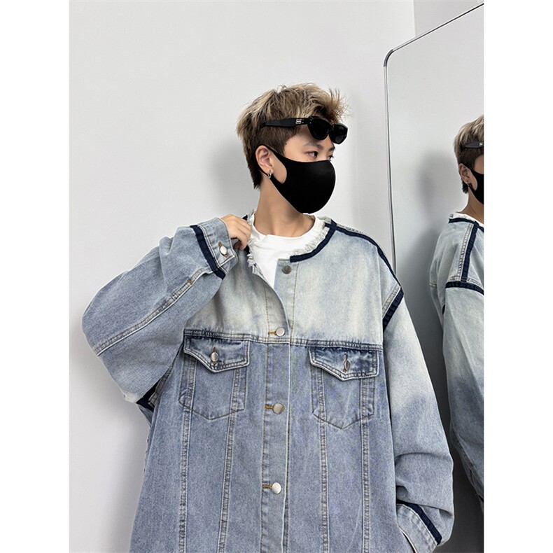 春秋渐变毛边牛仔外套男复古美式潮牌青少年痞帅日系高街无领夹克,男装工装外套,星座410-6（原星座1304-1）