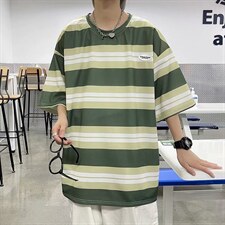 条纹短袖t恤男夏新款港风百搭半袖日系宽松圆领五分袖T699-P20，男装T恤，星座512-4