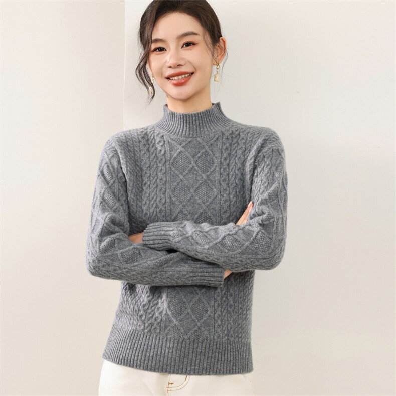 2025年秋季长袖套头菱形扭花半高时尚百搭通勤简约休闲,女装羊毛衫,锦弘羊绒