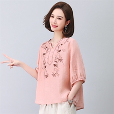 五分袖苎麻女2023夏季新款小个子大码休闲上衣妈妈亚麻，女装衬衫，独衣靓