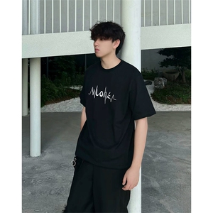 抖音得物 210克现货宽松纯棉美式潮牌印花落肩袖纯棉T恤AT21107图片