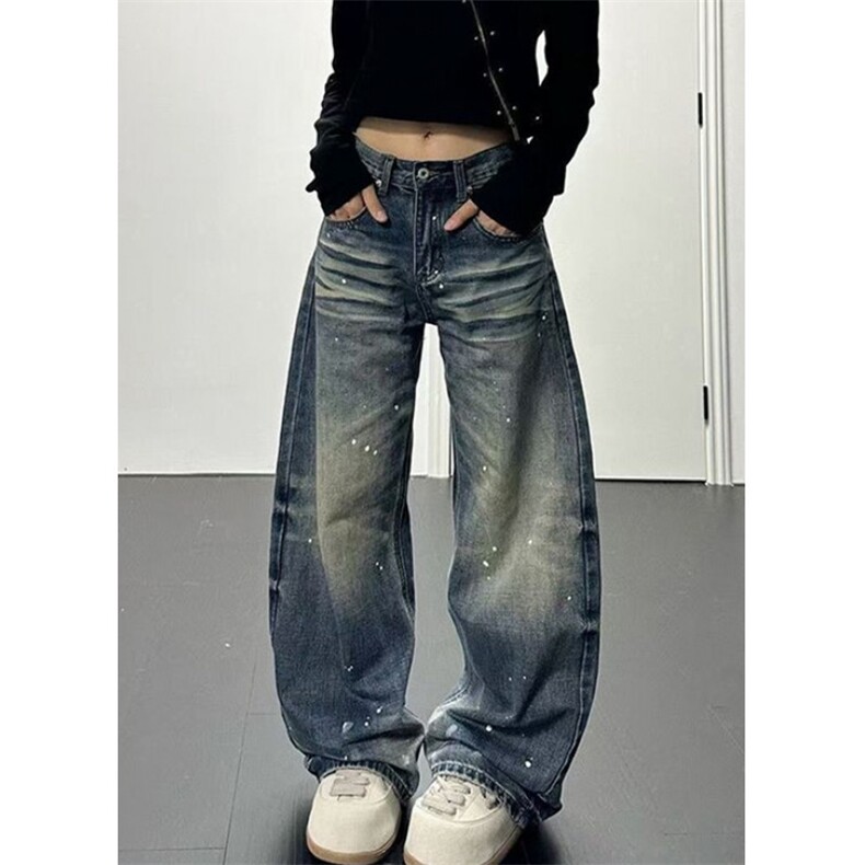 水洗泼墨弯刀牛仔裤女春秋宽松阔腿垂感显瘦拖地牛仔裤子NA9150,男装牛仔裤,星座1116A（原606A-3）