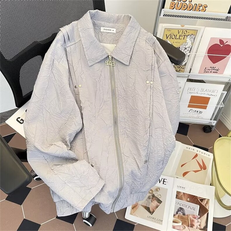 美式复古小众款男春秋季重磅褶皱设计宽松高街外套棒球服AK1/P88,女装短外套,星座506B