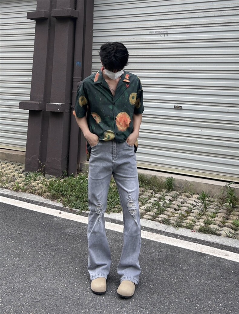 cleanfit夏季弹力牛仔裤男美式高街vibe裤灰色水洗做旧牛仔裤,男装牛仔裤,星座310A-4