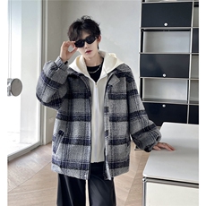 假两件连帽格子毛呢外套男秋冬加厚宽松时尚夹克上衣M896-P135，男装棉衣，电商A170