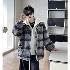 假两件连帽格子毛呢外套男秋冬加厚宽松时尚夹克上衣M896-P135图片