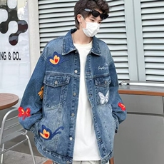 美式复古重工蝴蝶刺绣牛仔外套男女春秋季韩版百搭休闲外套夹克潮，男装工装外套，星座218-8