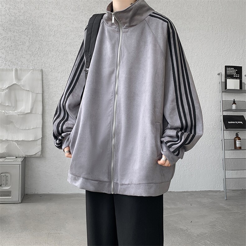 8XL-M特大码麂皮绒重磅条纹棒球服夹克外套男立领潮JK004P75控98,男装夹克,电商B312