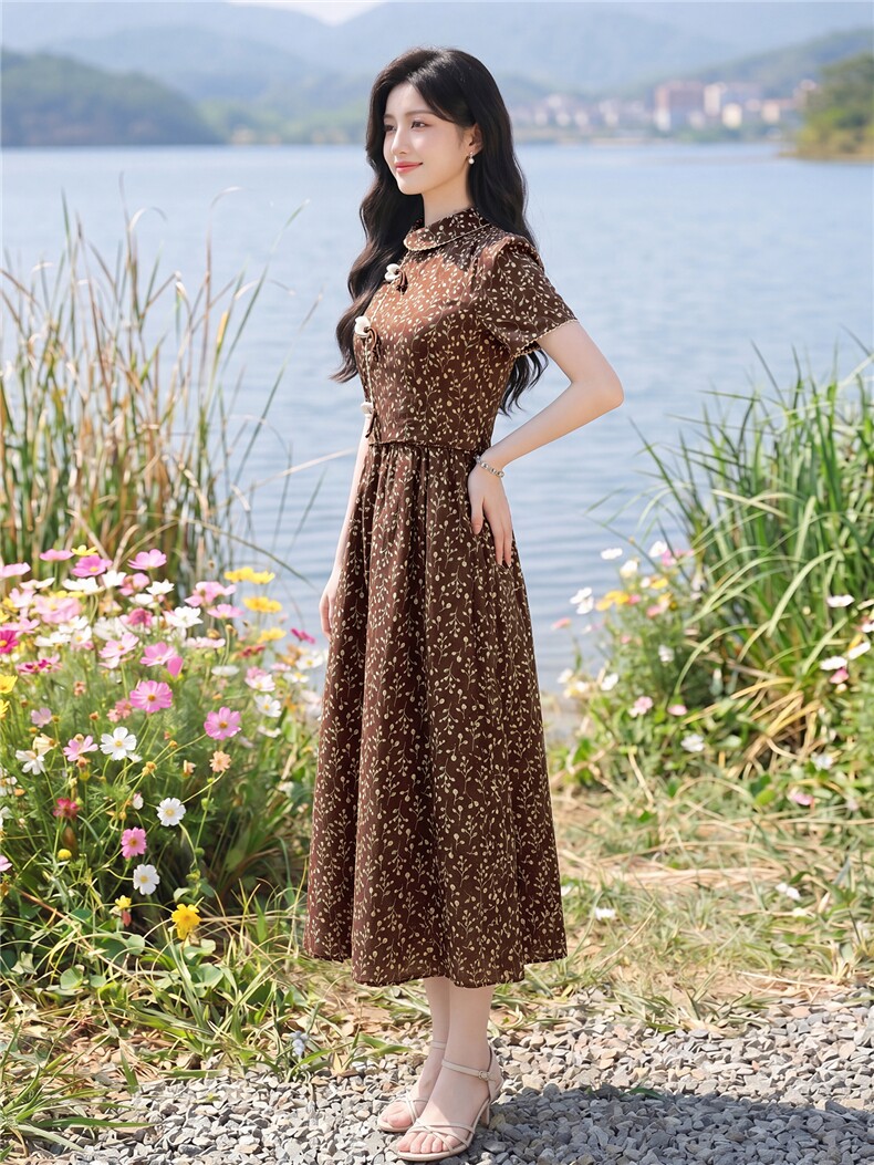 全棉碎花连衣裙夏季新款收腰显瘦田园风优雅裙子,女装连衣裙,水衣源