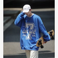 潮流大印花设计宽松圆领卫衣Y129常规版P38加绒版P58蓝色，男装卫衣，电商B219