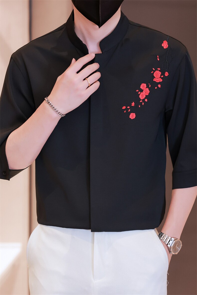 小伙立领纯色衬衫男休闲宽松风刺绣衬衣轻熟风A236-82571-P55,男装衬衫,电商A236