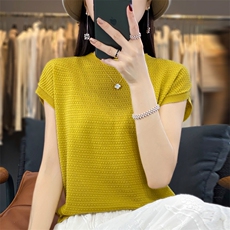 2023夏季新款薄款天丝女短袖t恤圆领冰丝针织衫法式半袖打底上衣，女装针织衫/毛衣，大美人高端店