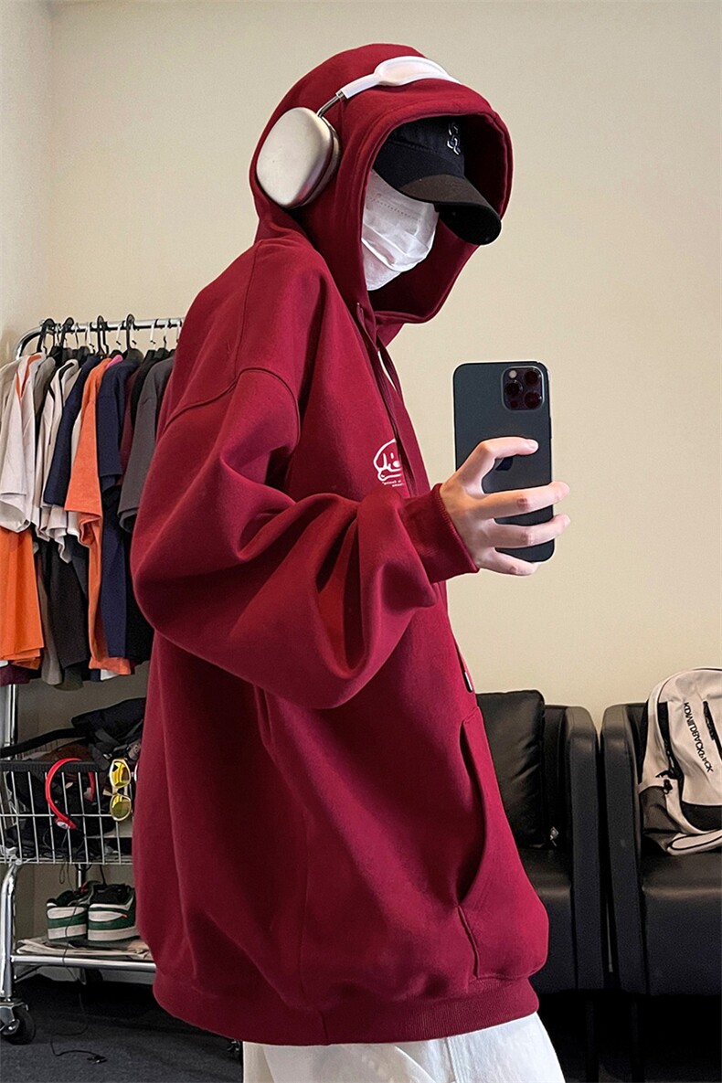wassuphappy重磅连帽卫衣男款春秋季潮牌oversize酒红色休闲外套,男装卫衣,电商A007