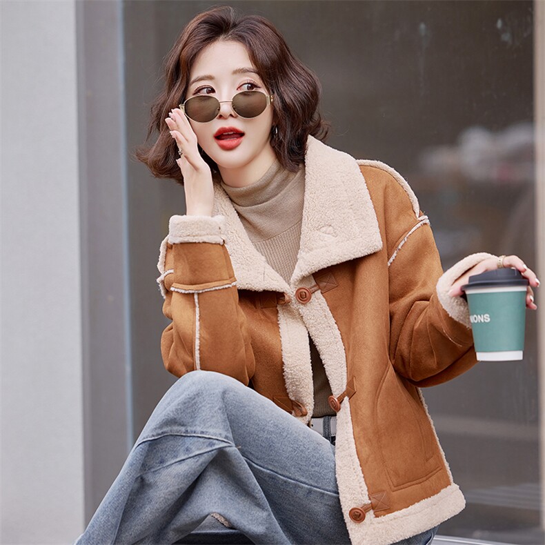 时尚休闲皮毛一体羊羔毛外套女2025冬新款韩系立领短款鹿皮绒棉服,女装短外套,慧尚依恋