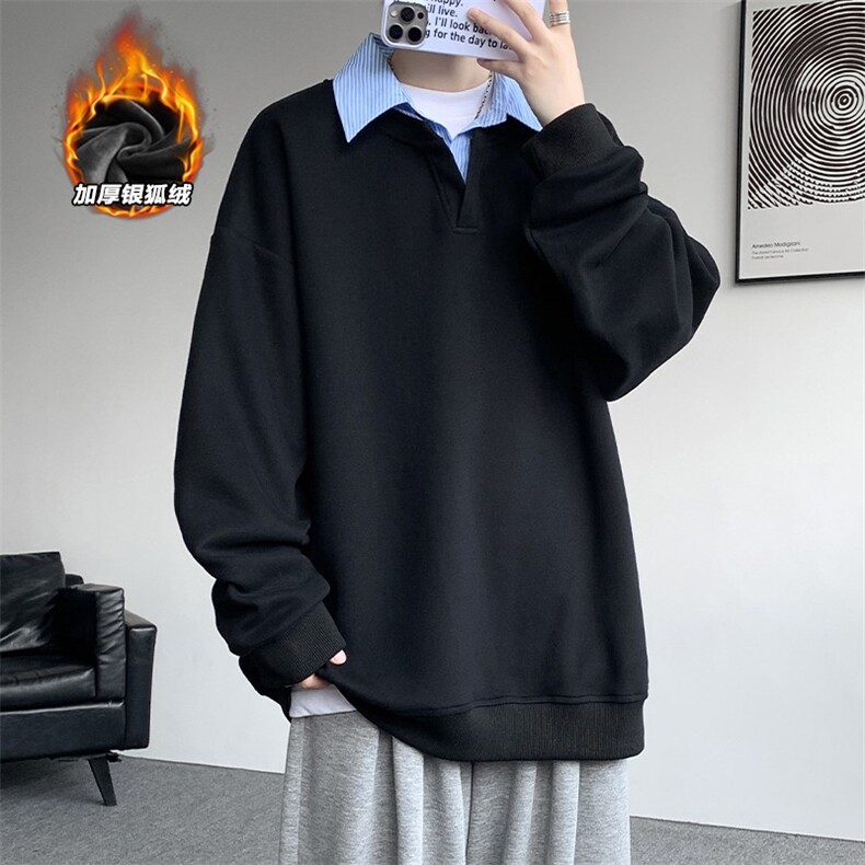 重磅华棉380g假两件Polo领保暖银狐绒男卫衣W5432J加绒-特P45控88，男装棉衣，电商A001-1