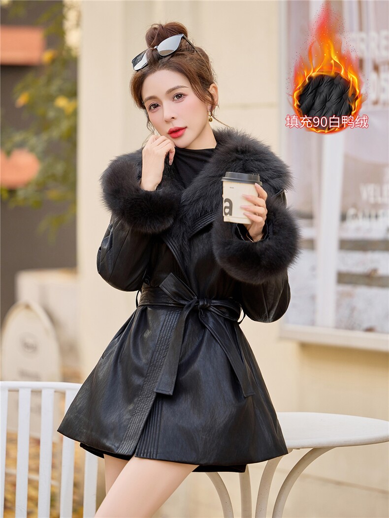 2025冬季新款真狐狸毛90白鸭绒皮质高级羽绒服纯色真毛领真袖毛,女装羽绒服,众宇琦