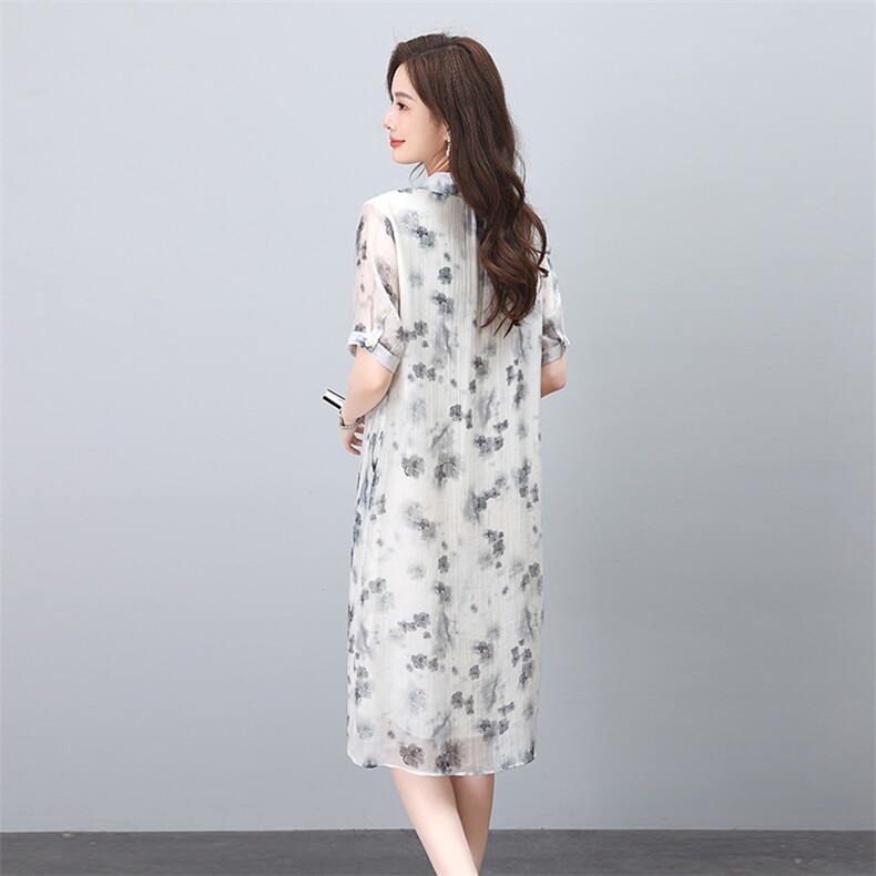 新中式印花雪纺连衣裙女夏季气质大码女装2025年新款洋气裙子，女装连衣裙，涵誉